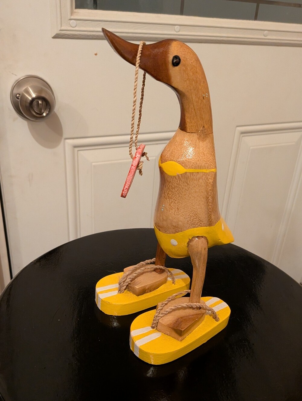 Wooden Duck Figurine - Yellow Bikini And Flip Flops Accents. Sign On Neck Humor